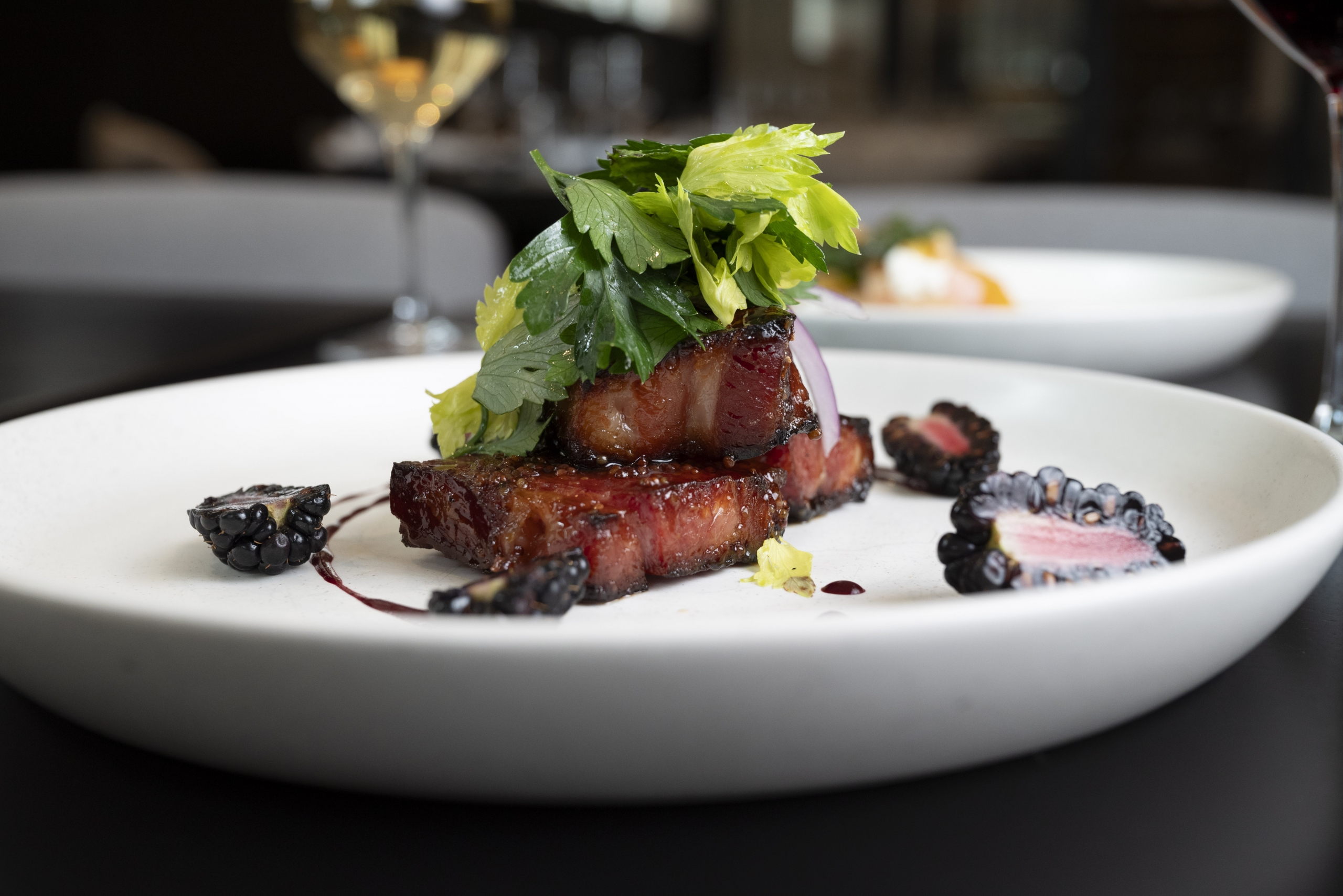 Pork Belly with a maple glaze & blackberries